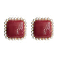 Burgundy Square Cabochon Pearl Frame Stud Earrings view 5