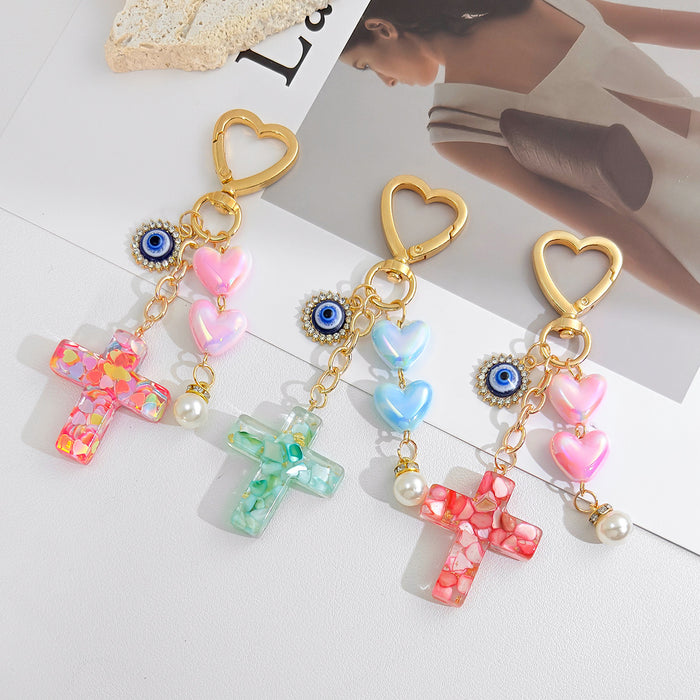 Resin Heart Cross Keychain with Evil Eye Charm and Faux Pearl