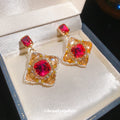 Gold Tone Red Crystal and Rose Flower Drop Stud Earrings view 4