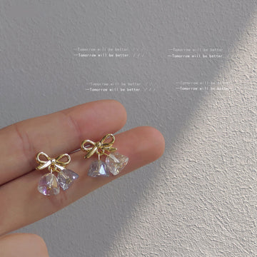 Gold Tone Bow And Iridescent Faceted Twin Drop Stud Earrings