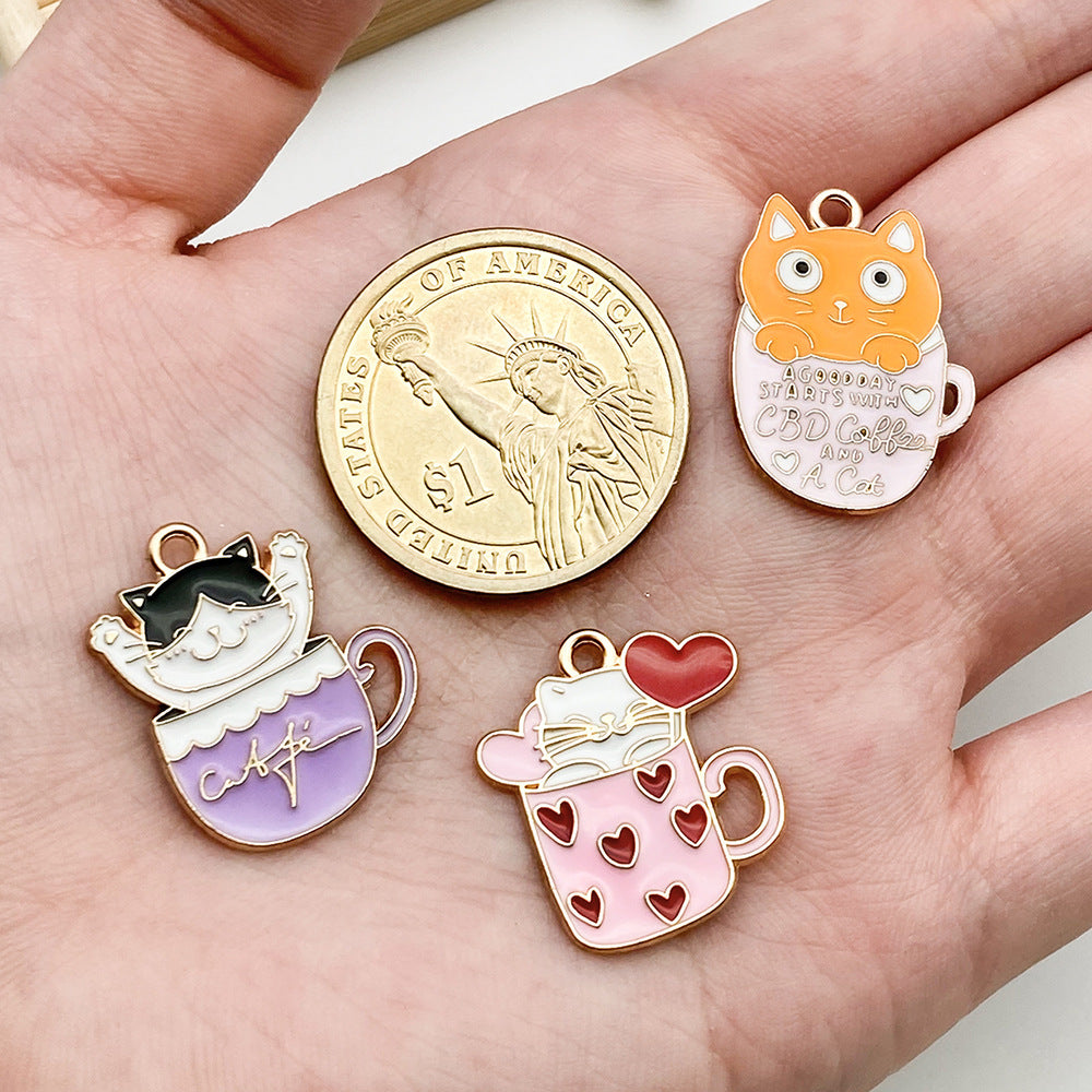 Zinc Alloy Heart Tea Cup Cat charm pendants for DIY earrings necklaces keychains