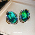 Iridescent Green Oval Statement Stud Earrings with Clear Stones view 4
