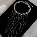 Silver Tone Crystal Collar Necklace with Long Chain Fringe view 1