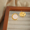 Gold Round Disc Stud Earrings Cream Center Circle Pair view 3