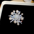 Silver Snowflake Pearl Rhinestone Starburst Brooch Pin view 1
