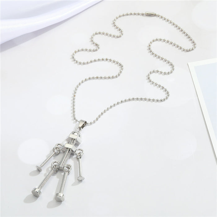 Silver Tone Robot Hardware Pendant Necklace with Nut and Screw Details