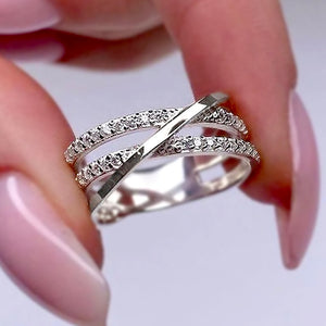 Crossover Multi-Row Band Ring with Clear Stones in Silver Tone Brass
