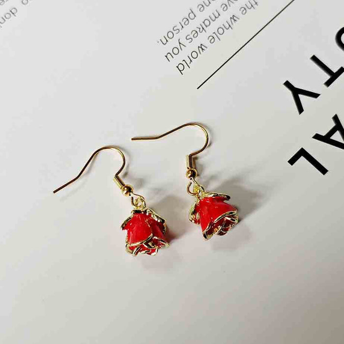 Red Rose Enamel Drop Earrings with Stainless Steel Ear Wires