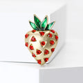 Gold Tone Strawberry Brooch with Red Stones and Green Leaves view 2