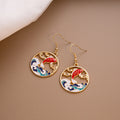 Gold Tone Koi Fish and Blue Wave Round Hook Earrings view 4