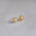 White Pearl Stud Earrings Gold Tone Organic Petal Frame view 1