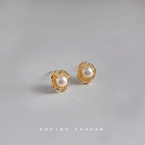 White Pearl Stud Earrings Gold Tone Organic Petal Frame