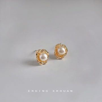 White Pearl Stud Earrings Gold Tone Organic Petal Frame