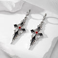 Silver Tone Gothic Cross Rose and Crystal Huggie Drop Earrings view 7