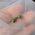 Gold Tone Round Faceted Stone Stud Earrings In Green And Ivory view 6