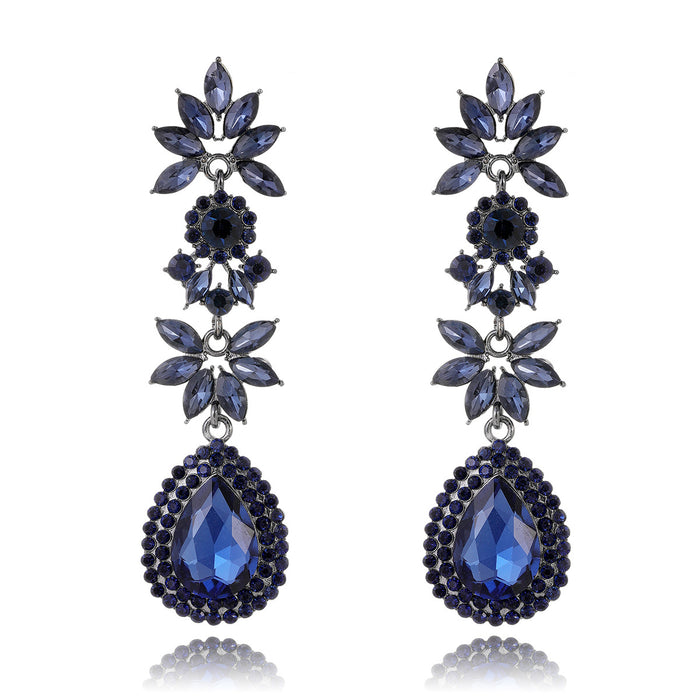 Blue Silver Tone Flower Crystal Four Designs Metal Dangle Earrings