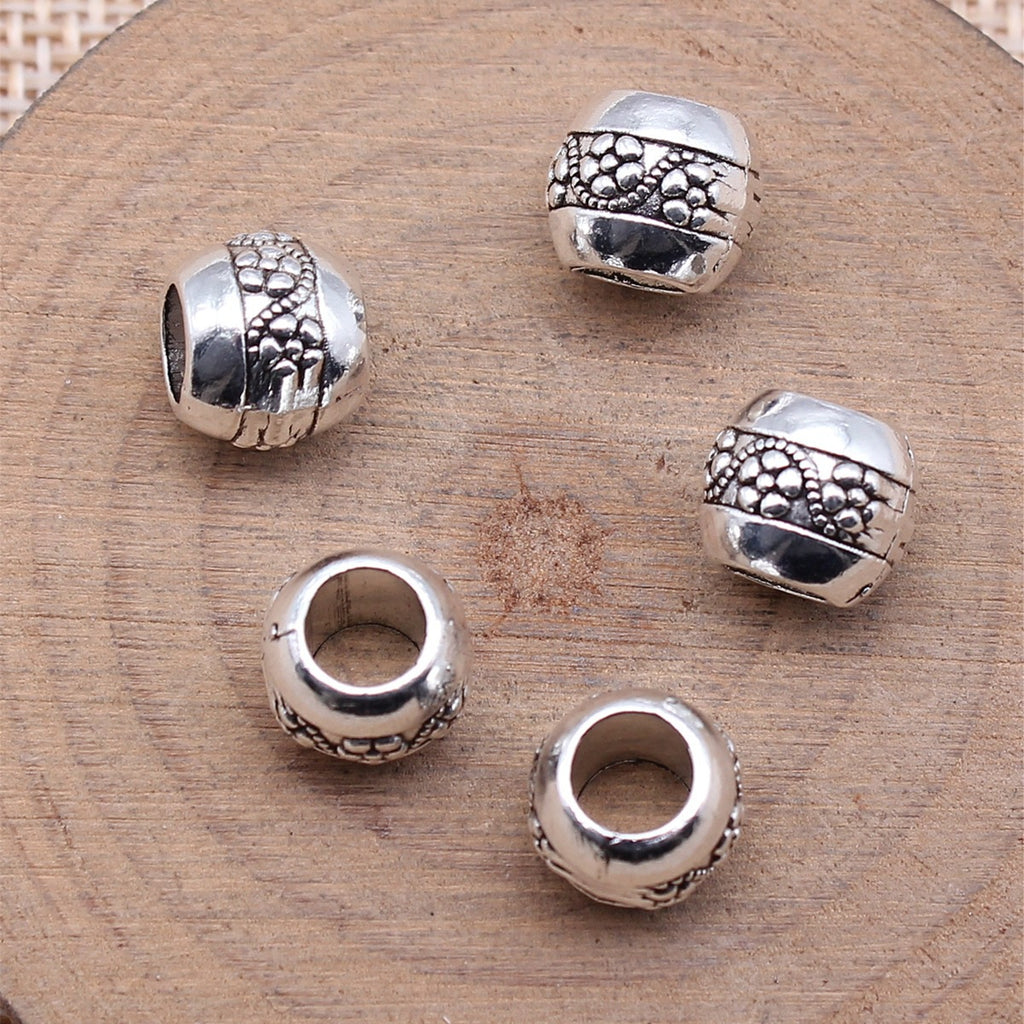 9x9x8mm 1.8g Antique Silver Zinc Alloy Round Carved Pattern Large Hole Spacer Beads for DIY Jewelry