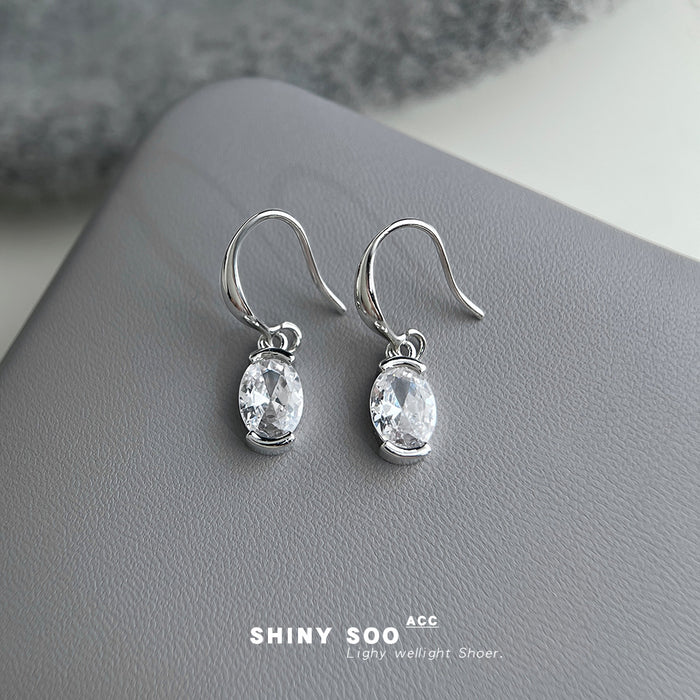 Silver Tone Clear Oval Faceted Stone Fishhook Drop Earrings