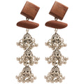 Brown Wood Square Stud Earrings with Silver Tone Floral Tassels view 5