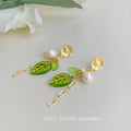 Gold Flower Pearl Green Leaf Tassel Drop Earrings With Chain view 4