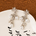 Silver Leaf Branch Pearl Look Teardrop Long Earrings view 3