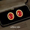 Wine Red Oval Cabochon Stud Earrings Gold Twisted Rope view 4