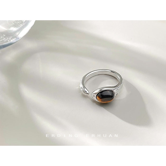 Silver Open Adjustable Ring Oval Tiger Eye Cabochon