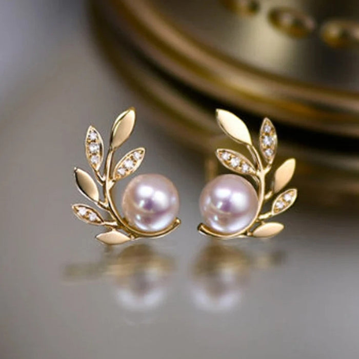 Gold Leaf Branch Imitation Pearl Stud Earrings Pair