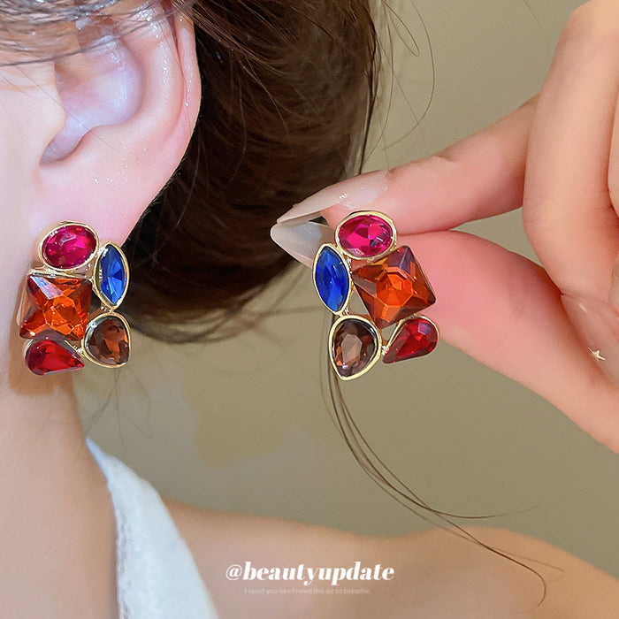 Multicolor Geometric Gem Stud Earrings in Gold Tone