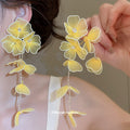 Sheer Floral Long Drop Earrings in Pink Yellow and White view 3
