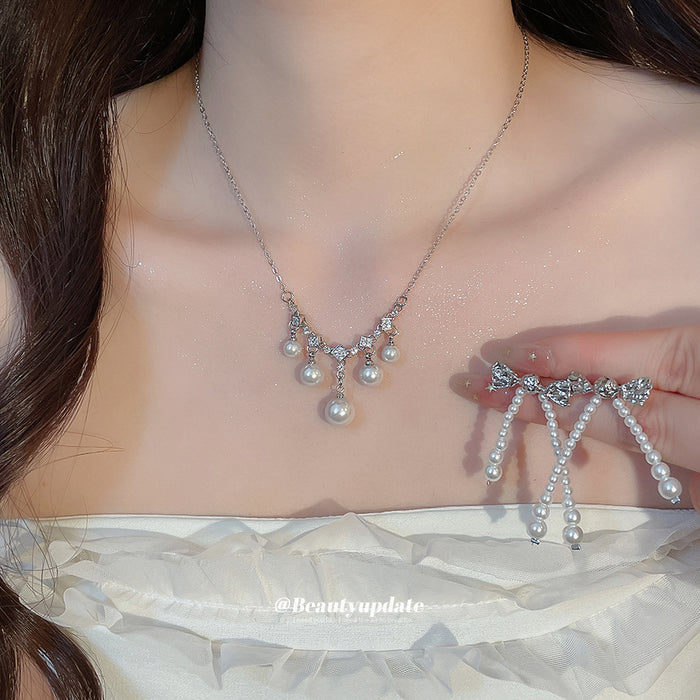 Silver Crystal Pearl V Necklace Bow Pearl Drop Earrings