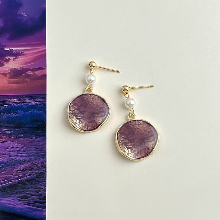 Gold Purple Gradient Enamel Disc Drop Earrings Pearl Pair