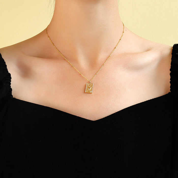 Ace Of Hearts Playing Card Pendant Necklace Gold Steel Tone