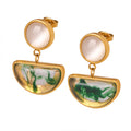 Gold Steel Cats Eye Green Resin Half Moon Drop Earrings view 5