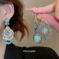 Silver Tone Turquoise Leaf and Filigree Drop Earrings view 2