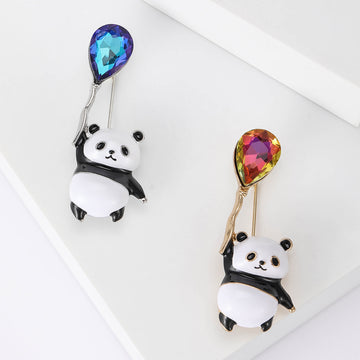 Enamel Panda Brooch Crystal Balloon Black White Cute Pin