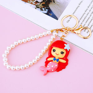 Mini Cartoon Mermaid Keychain with Pearl Loop, Gold-Tone Clip