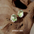 Silver Tone Pale Green Rectangular Stone Crystal Edge Stud Earrings view 1