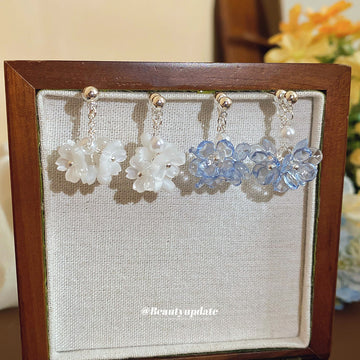 Round Floral Cluster Drop Earrings In White And Blue