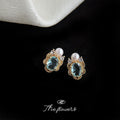 Gold Tone Aqua Oval Stone White Pearl And Clear Stone Stud Earrings view 1