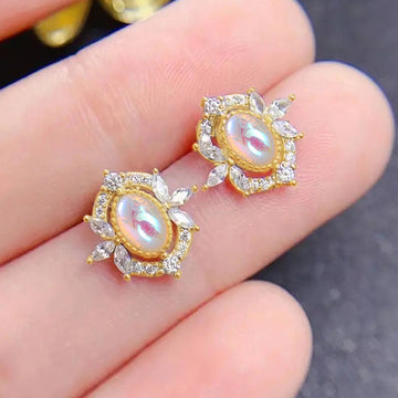 Gold Tone Oval Moonstone Marquise Halo CZ Stud Earrings