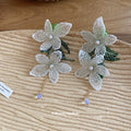 White Lace Floral Earrings With Green Leaves and Bead Drops view 2
