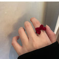 Red Velvet Flocked Bow Open Ring Adjustable Split Band view 6