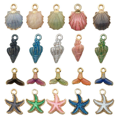 Colorful starfish and shell charms arranged on a light background