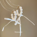 Faux Pearl Hoop Stud Earrings With White Ribbon Bows view 4