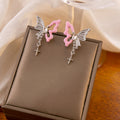 Pink Enamel Silver Butterfly Stud Earrings Star Crystal Dangles view 4