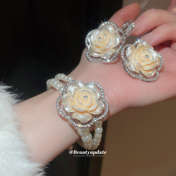 Cream Rose Rhinestone Frame Pearl Bracelet and Matching Studs