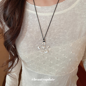 Silver Hollow Flower Pendant Black Cord Adjustable Necklace
