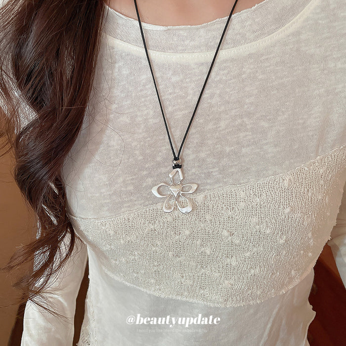 Silver Hollow Flower Pendant Black Cord Adjustable Necklace