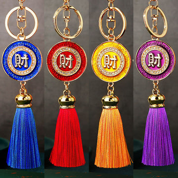 Crystal Round Fortune Plaque Tassel Keychains in Five Colors plus Assorted